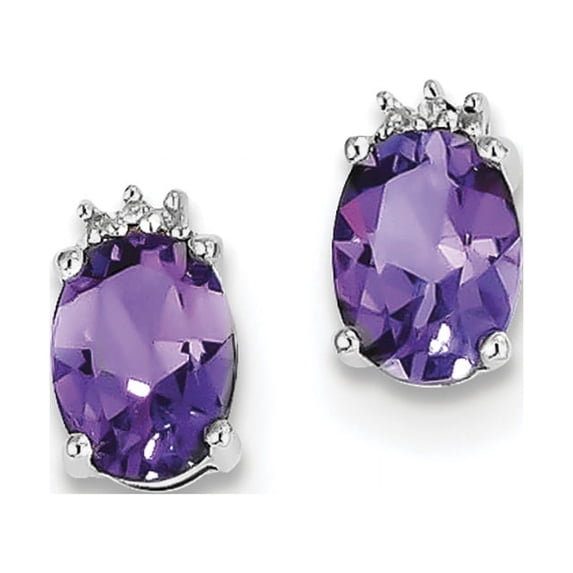 Sterling Silver Rhodium Plated Oval Amethyst and Diamond Post Earrings Sterling Silver Earrings