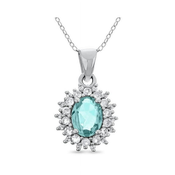 Sterling Silver Rhodium Plated Oval Aquamarine And White Topaz Halo Pendant 18 Inches