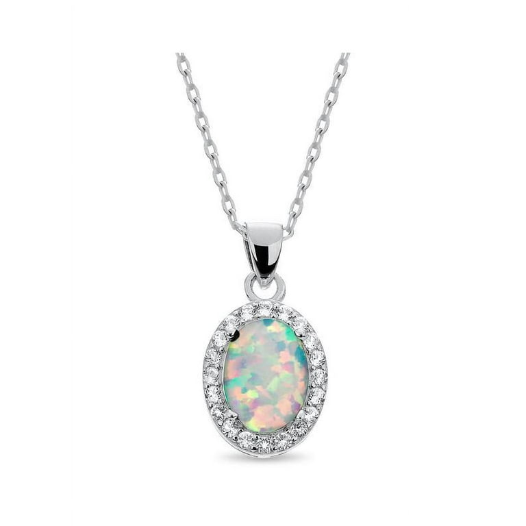 Sterling Silver Rhodium Plated Oval Created Opal and Created White