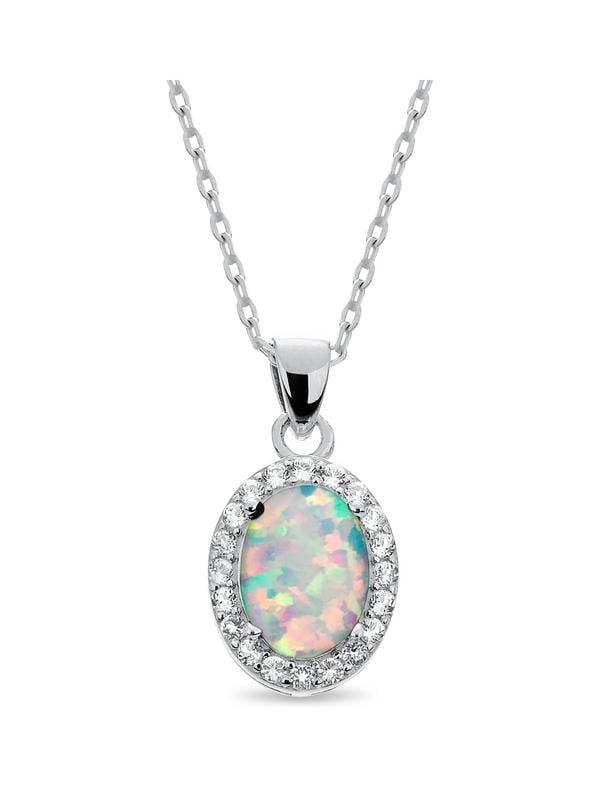Sterling Silver Rhodium Plated Oval Created Opal and Created White ...