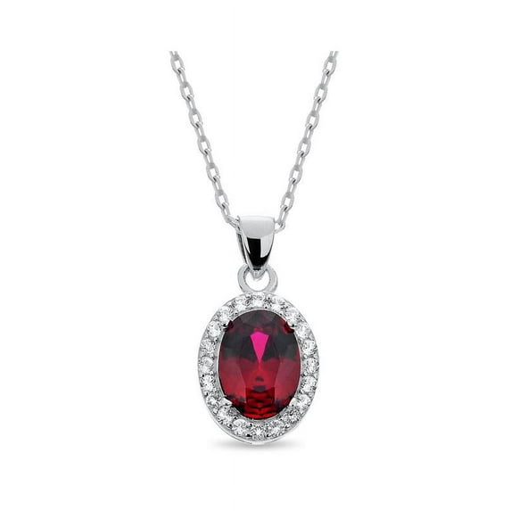 Sterling Silver Rhodium Plated Oval Garnet and Created White Topaz Halo Necklace 18 Inches