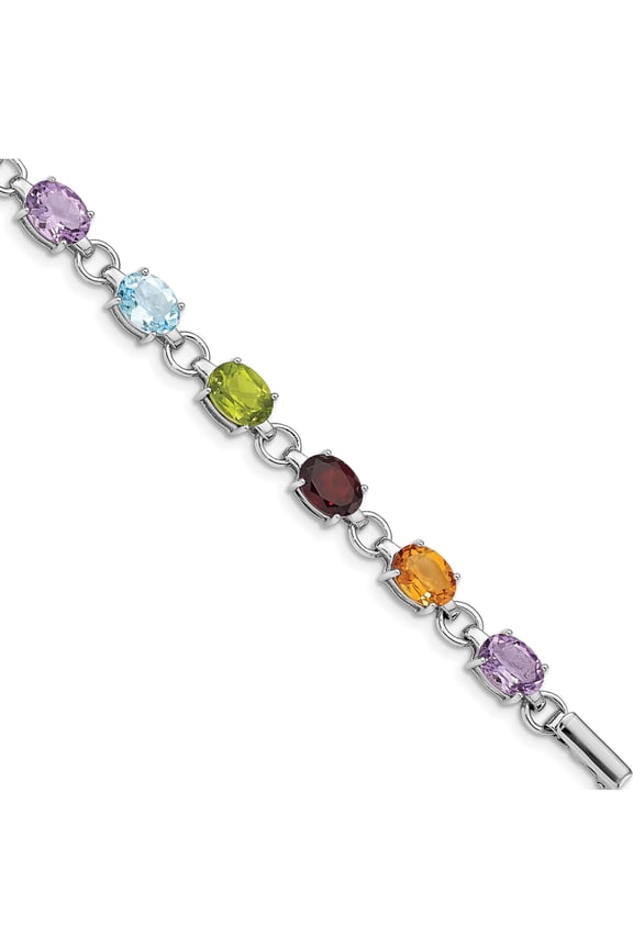 Sterling Silver Rhodium-Plated Oval Multi-Gemstone Bracelet Made In Thailand qg4926-7.25