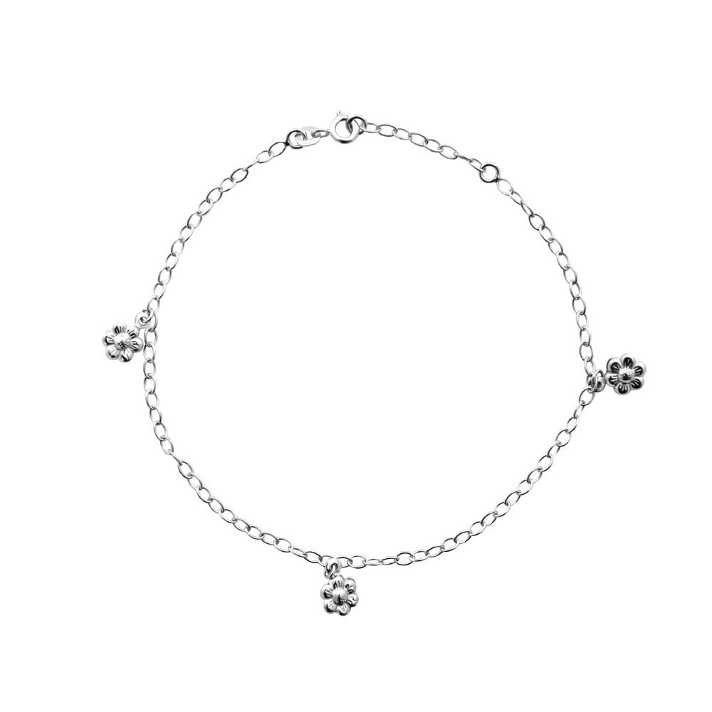 Sterling Silver Rhodium Plated Oval Rolo Flower Station Anklet - 3.0 Grams - 10 Inch