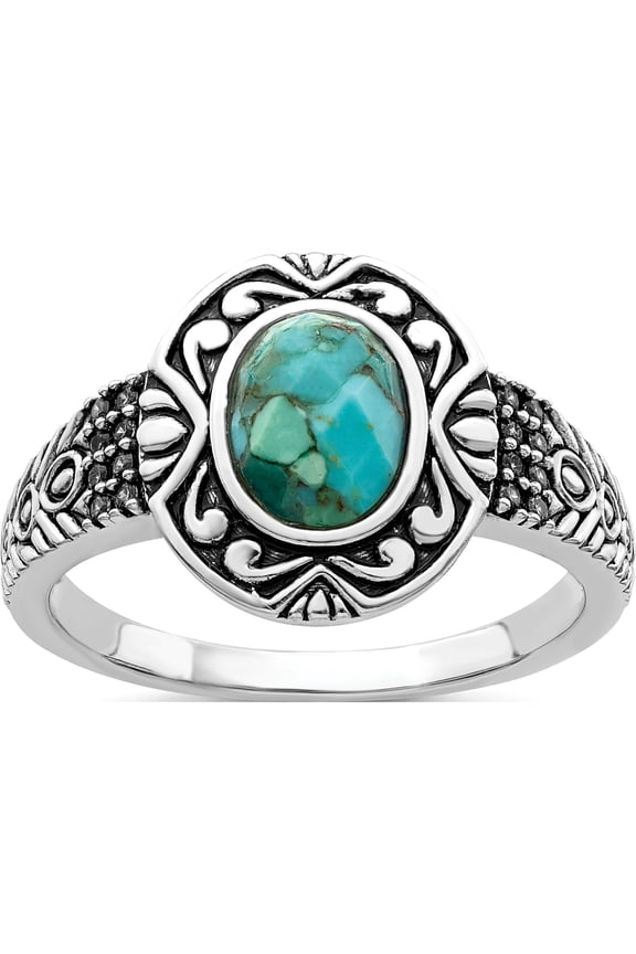 Sterling Silver Rhodium-Plated Oxidized Faceted Recon. Turquoise Ring (Size 7) Made In Thailand qr6565-7