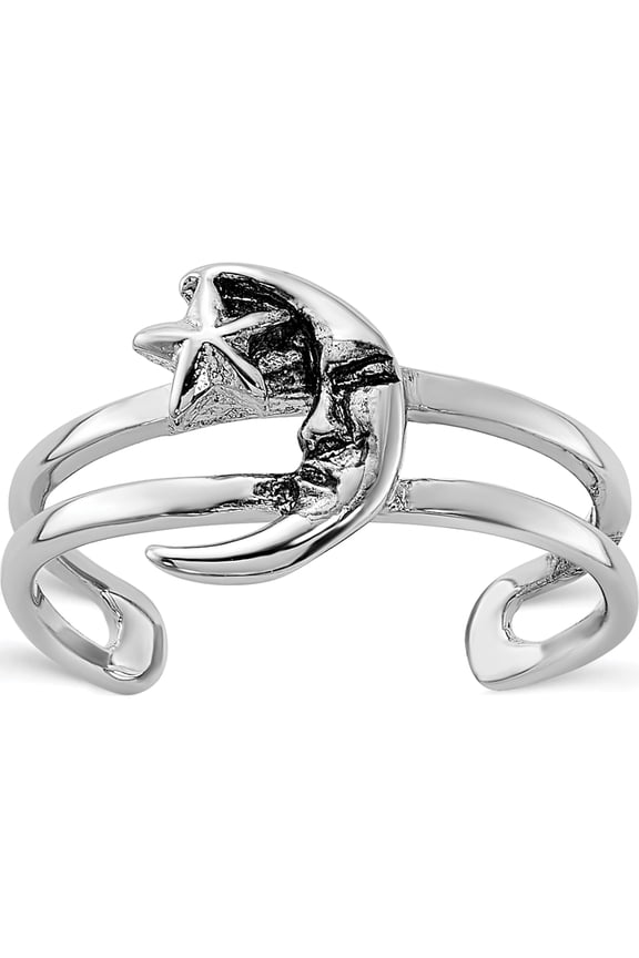 Sterling Silver Rhodium-plated Oxidized Moon and Star Toe Ring