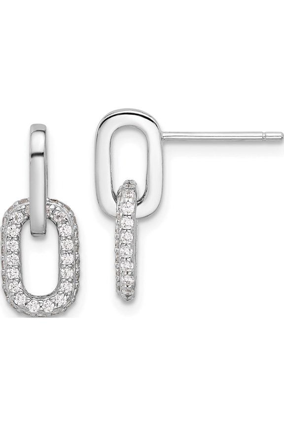 Sterling Silver Rhodium-Plated Pave Cz Link Design Post Dangle Earrings (Width 7) (Length 17) - Jbsp