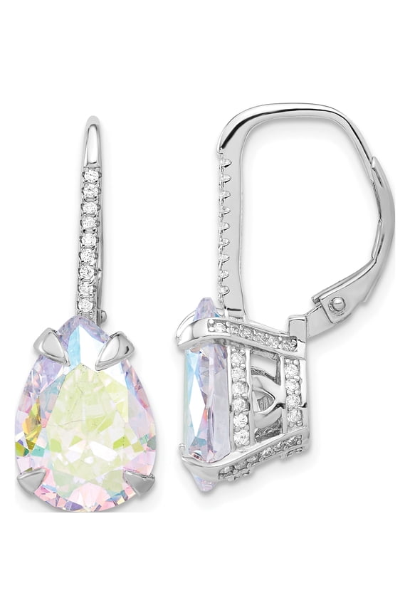 Sterling Silver Rhodium-plated Pear Iridescent CZ Leverback Earrings