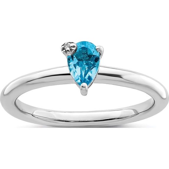 Sterling Silver Rhodium-Plated Pear Swiss Blue Topaz & White Ring (Size 7) Made In Thailand qr7422bt-7