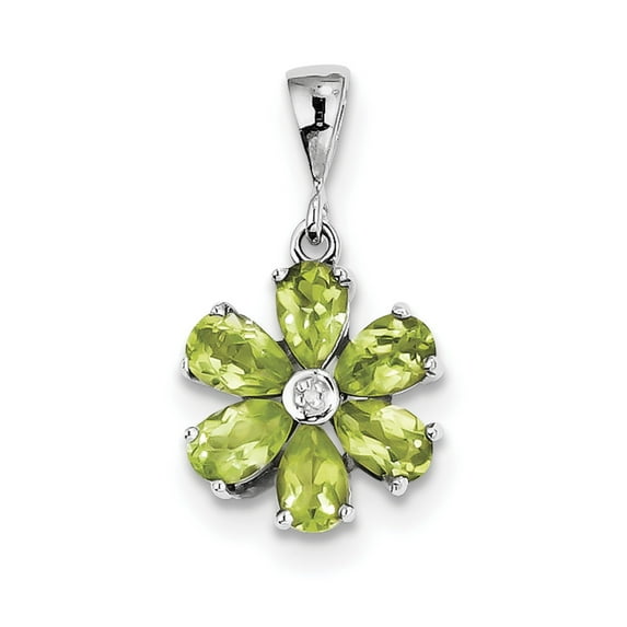 Sterling Silver Rhodium Plated Peridot And Diamond Flower Pendant (24 X 14) Made In India qdx816
