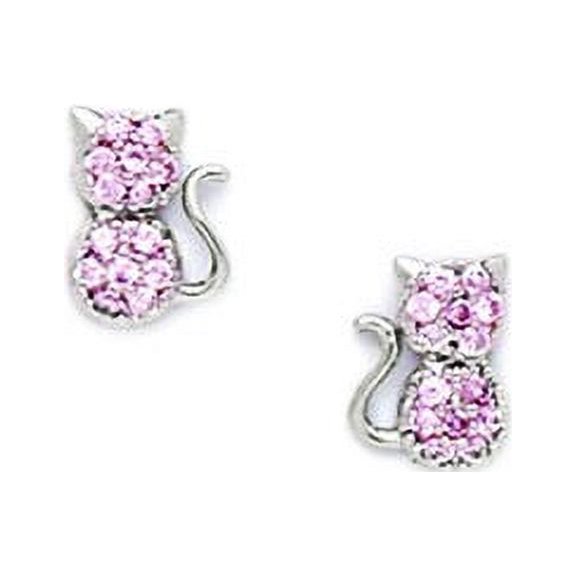 Sterling Silver Rhodium Plated Pink Cubic Zirconia Cat Screw-Back Earrings - Measures 8x6mm