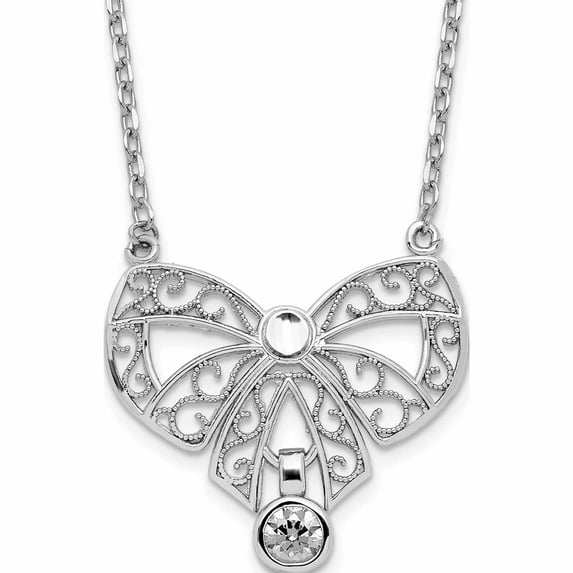 Sterling Silver Rhodium-Plated Polished April Bow Cz Birthstone Necklace Made In United States -Jewelry By Sweet Pea