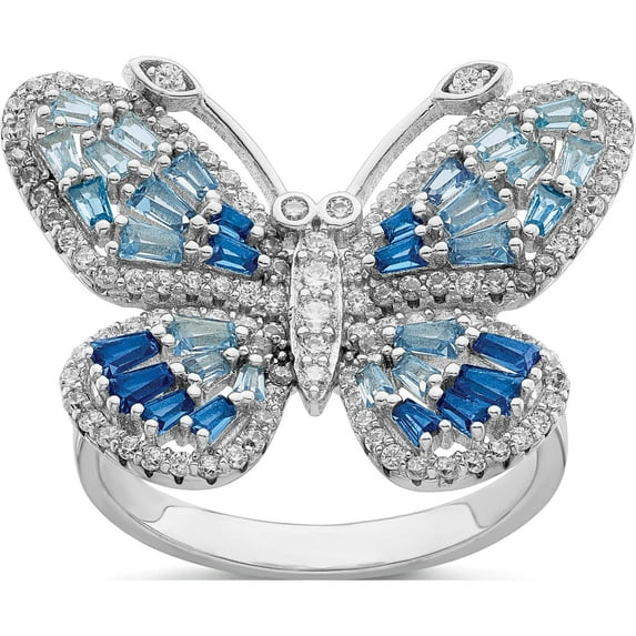 Sterling Silver Rhodium-Plated Polished Blue & White Cz Butterfly Ring (Size 8) Made In China qr7203-8