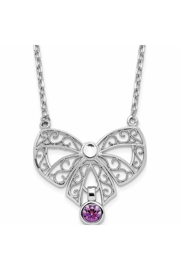 Sterling Silver Rhodium-Plated Polished Feb. Bow Cz Birthstone Necklace Made In United States -Jewelry By Sweet Pea