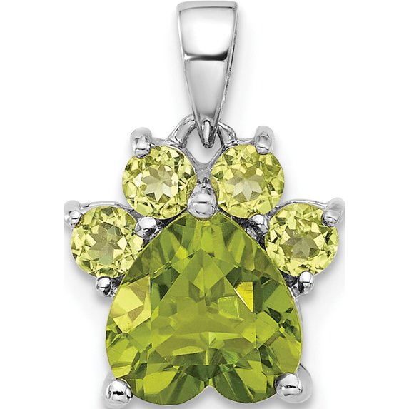 Sterling Silver Rhodium-Plated Polished Peridot Paw Pendant (Width 11.6) (Length 16.1) - Jbsp