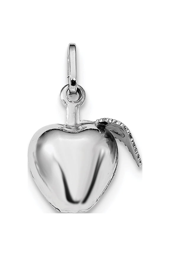 Sterling Silver Rhodium Plated Polished Puffed Apple w/ Leaf Charm
