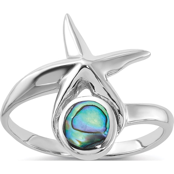 Sterling Silver Rhodium-Plated Polished Round Abalone With Starfish Ringsize 7 (Width 1.75) - Jbsp