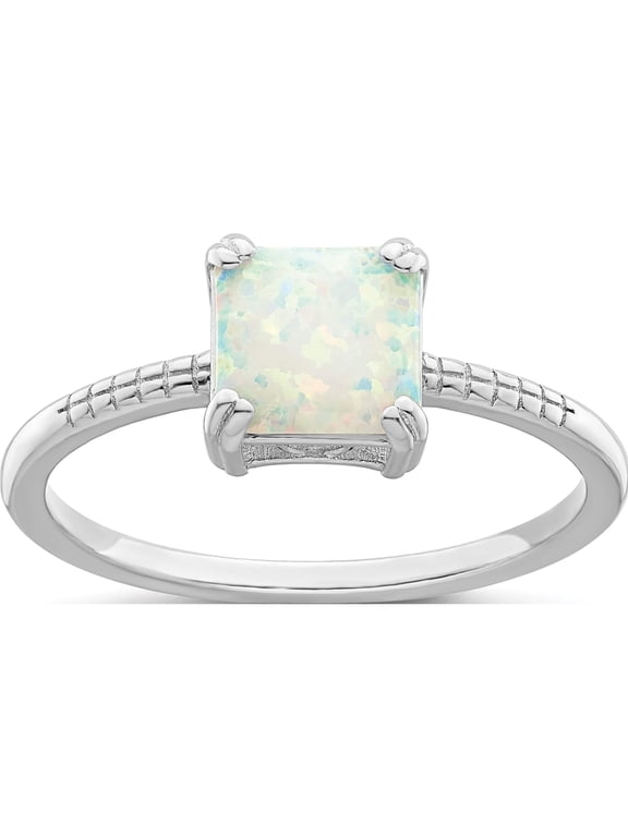 Sterling Silver Rhodium-plated Polished Square White Created Opal Ring