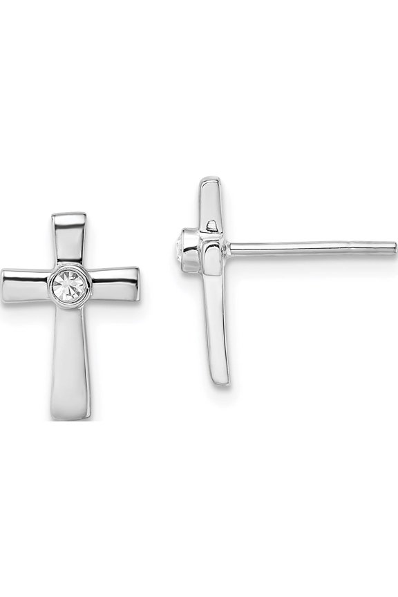 Sterling Silver Rhodium-Plated Polished With Cz Cross Post Earrings (12.5 X 8.4) Made In Thailand qe13499
