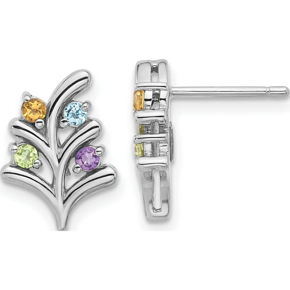 Sterling Silver Rhodium-Plated Rainbow Multi-Gemstone Post Earrings (Width 9.85) (Length 13.67) - Jbsp