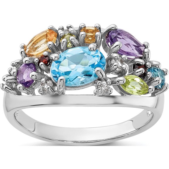 Sterling Silver Rhodium-Plated Rainbow Multi Gemstone Ringsize 6 (Width 2.29) - Jbsp