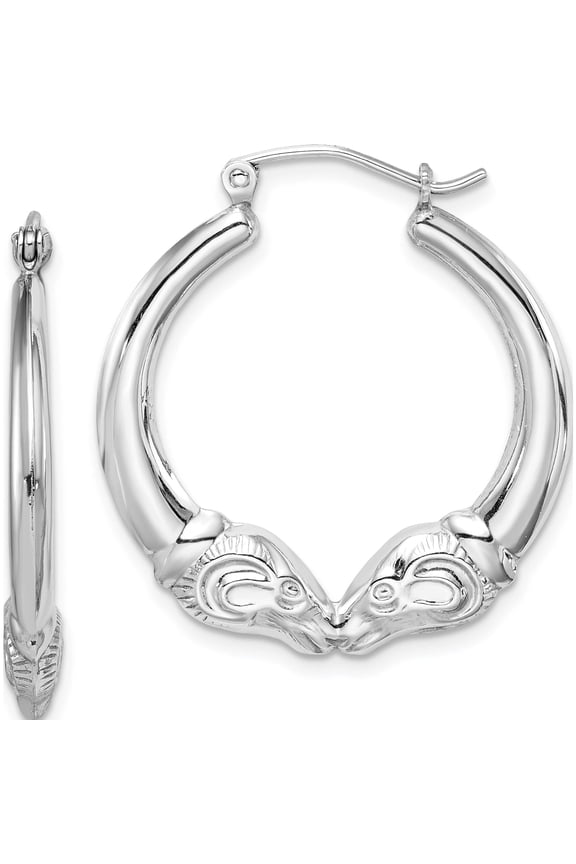 Sterling Silver Rhodium Plated Rams Head Hoop Earrings (25 X 26) Made In Indonesia qe8331