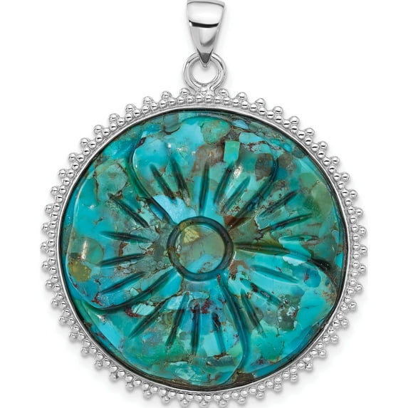 Sterling Silver Rhodium-Plated Reconstituted Turquoise Flower Pendant (Width 34.4) (Length 37.9) - Jbsp