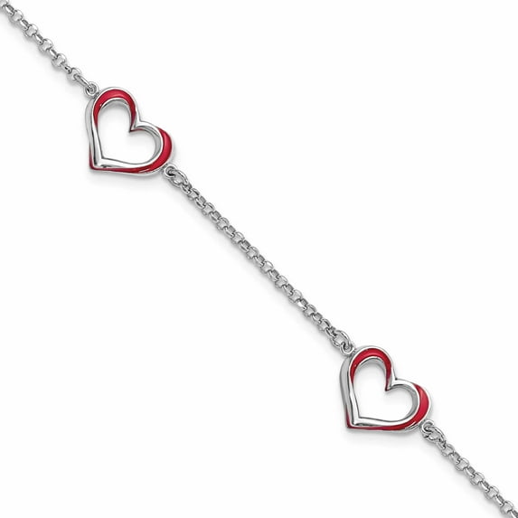 Sterling Silver Rhodium-Plated Red Enamel 3-Heart With .5 In Ext Bracelet Made Italy -Jewelry By Sweet Pea