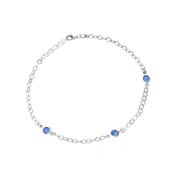 Sterling Silver Rhodium Plated Rhodium Fancy Blue Cubic Zirconia Station Anklet