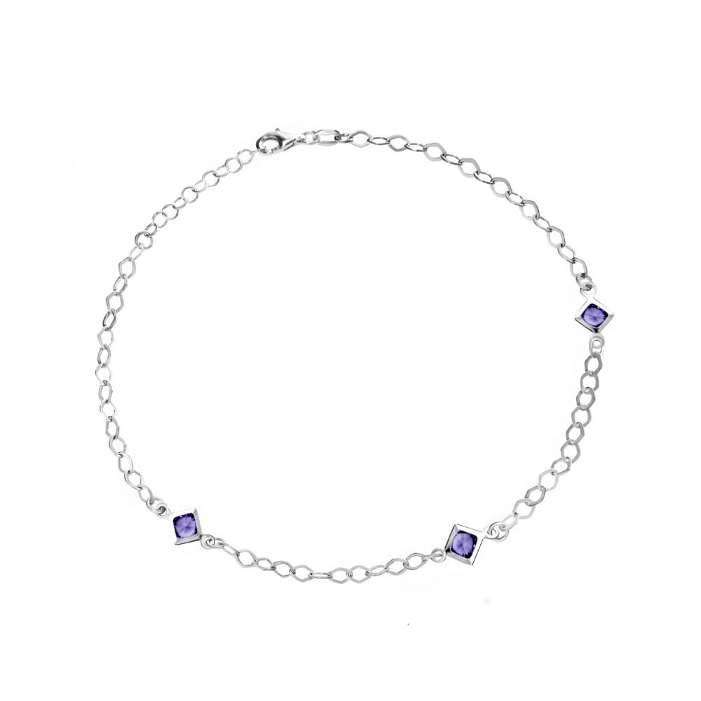Sterling Silver Rhodium Plated Rhodium Fancy Purple Cubic Zirconia Station Anklet