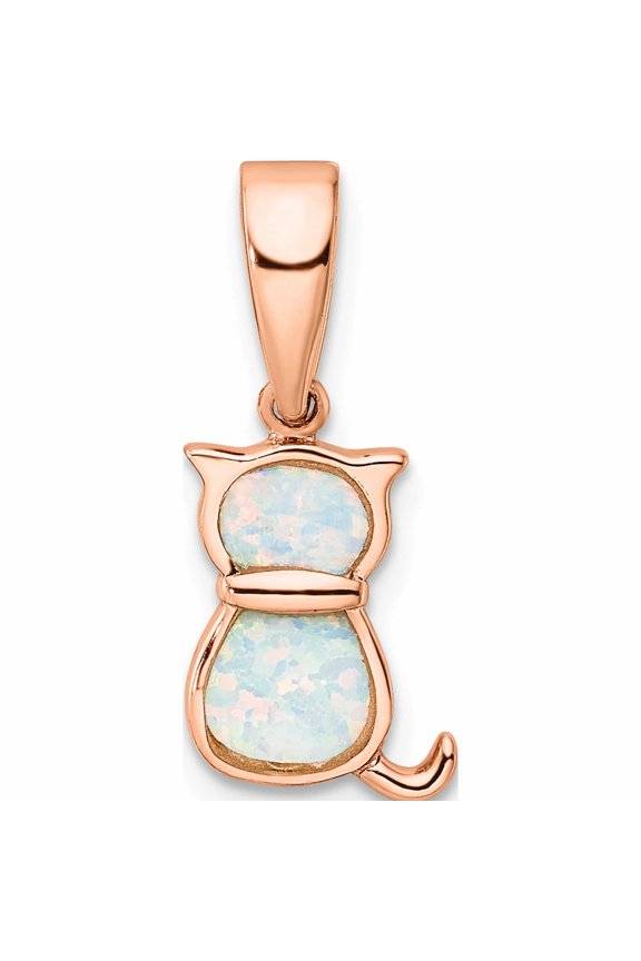 Sterling Silver Rhodium-Plated Rose-Tone White Created Opal Cat Pendant (20.81 X 8.94) Made In China -Jewelry By Sweet Pea