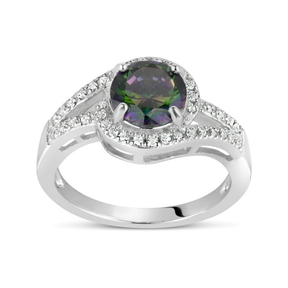 Sterling Silver Rhodium Plated Round 7.5MM Mystic Topaz And White Topaz Swirl Shank Ring