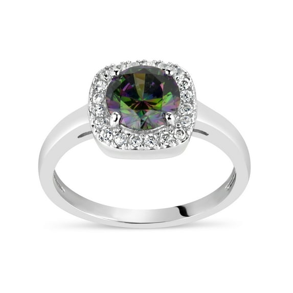 Sterling Silver Rhodium Plated Round 7MM Mystic Topaz And White Topaz Halo Ring