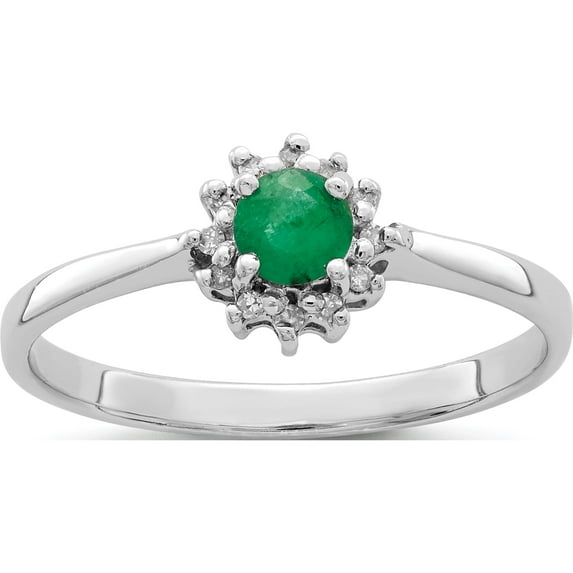 Sterling Silver Rhodium-Plated Round Emerald & Diamond Ring (Size 6) Made In India qr2799-6