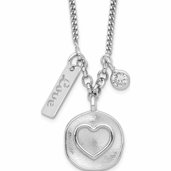 Sterling Silver Rhodium-Plated Satin Heart/Love/Cz With 1.5In Ext Necklace Made In Italy -Jewelry By Sweet Pea