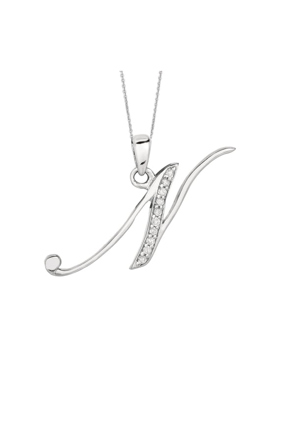 Sterling Silver Rhodium Plated Script Initial Letter N With Diamonds On 18 Inch Chain ( 0.05 Tcw)