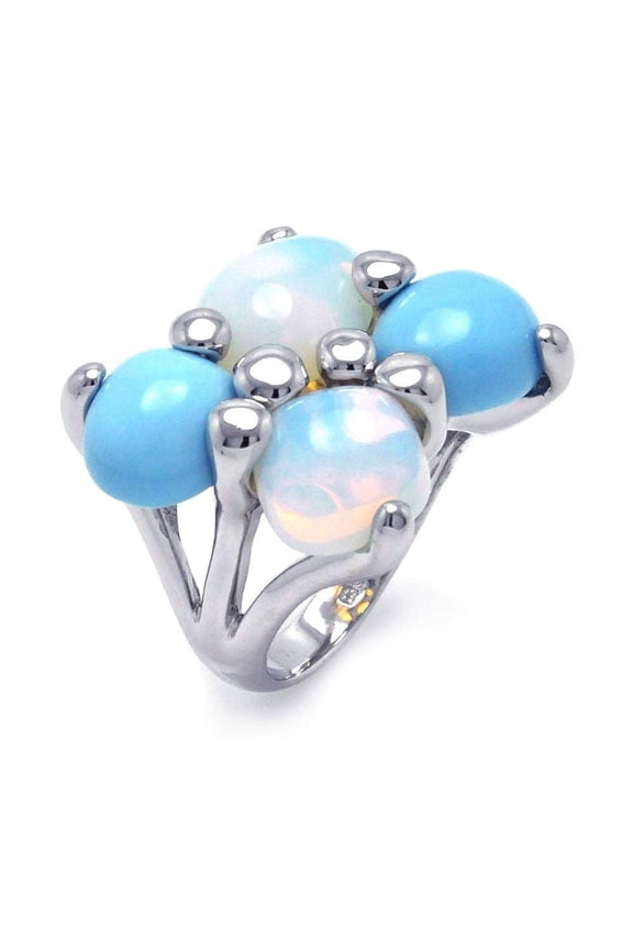 Sterling Silver Rhodium Plated Simulated Turquoise Simulated Opal Ring Blue CZ Female Size 5
