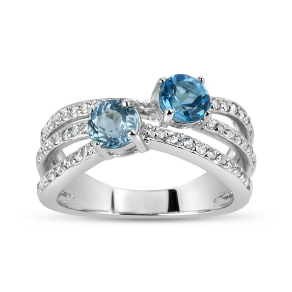 Sterling Silver Rhodium Plated Sky Blue And Swiss Blue Topaz And White Topaz 3 Rows Ring