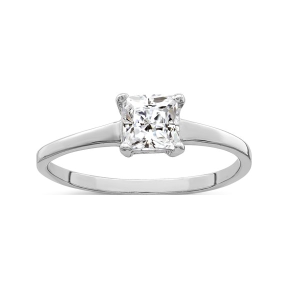 Sterling Silver Rhodium-Plated Solitaire Princess Cz Ring (Size 7) Made In United States qr461-7