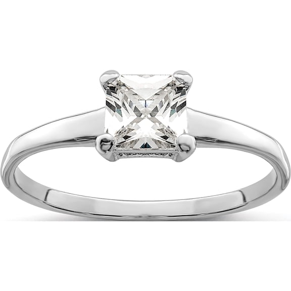 Sterling Silver Rhodium-Plated Solitaire Princess Cz Ring (Size 8) Made In United States qr461-8