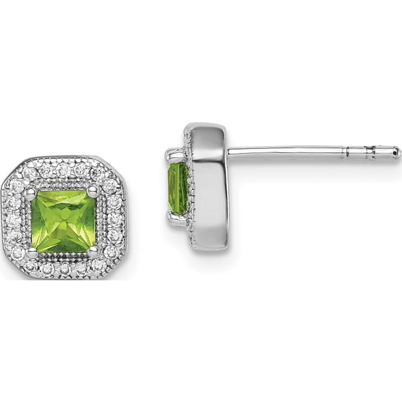 Sterling Silver Rhodium Plated Square Green And Clear Cz Post Earrings (8.17 X 8.17) Made In Thailand qe14470aug