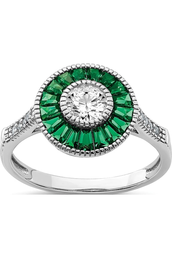 Sterling Silver Rhodium-Plated Synthetic Green Spinel And Cz Ring (Size 7) Made In China qr6861-7