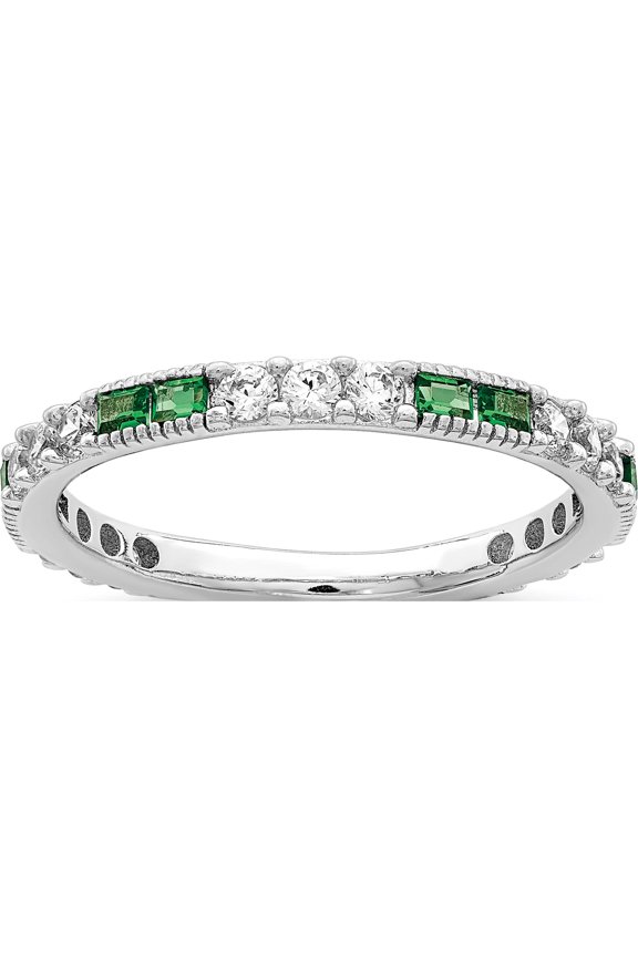 Sterling Silver Rhodium-Plated Synthetic Green Spinel & Cz Band (Size 7) Made In China qr7031-7