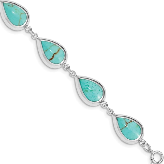 Sterling Silver Rhodium-Plated Teardrop Synthetic Turquoise Bracelet Made In Thailand qg3641-7.75