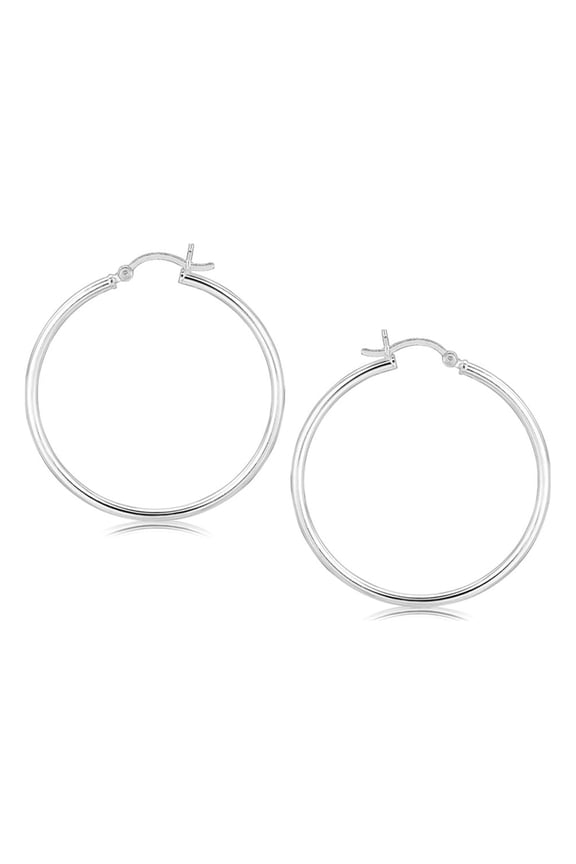 Sterling Silver Rhodium Plated Thin and Polished Hoop Earrings (35mm)