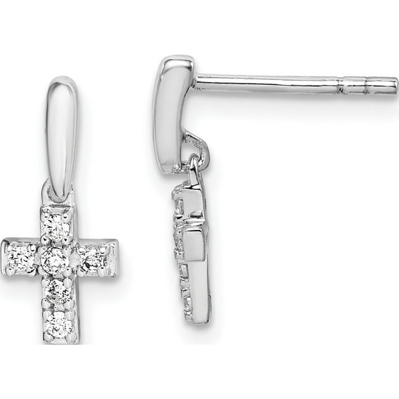 Sterling Silver Rhodium-Plated Tiny Cz Cross Dangle Post Earrings Made In Thailand qe15231
