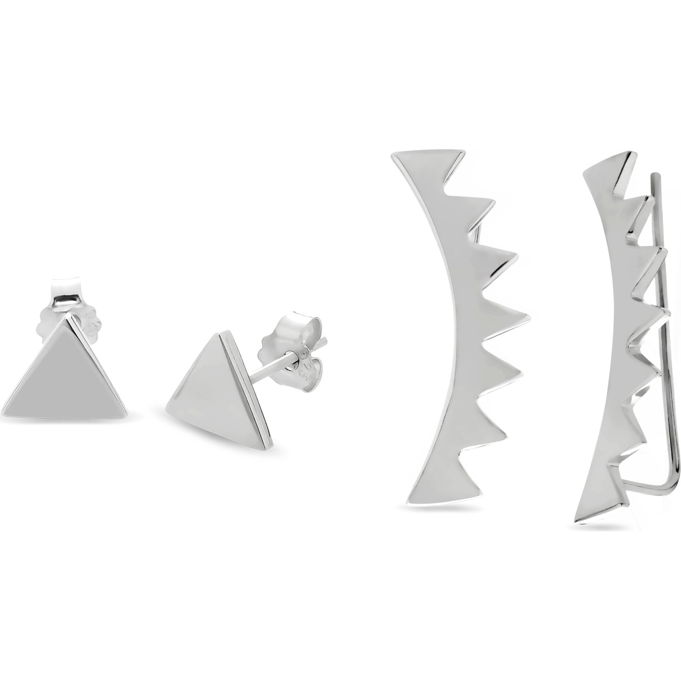 Sterling Silver Rhodium Plated Triangle Ear Cuff and Stud Earrings Set