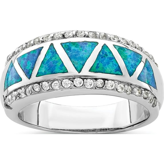 Sterling Silver Rhodium-Plated Triangle Lab Created Blue Opal & Cz Ring (Size 8) Made In China qr6991-8