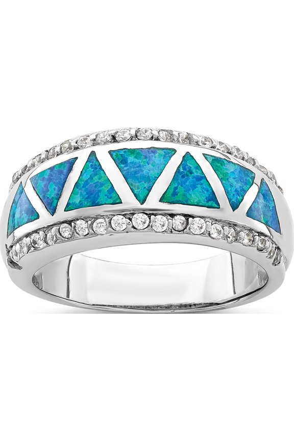 Sterling Silver Rhodium-Plated Triangle Lab Created Blue Opal & Cz Ring (Size 8) Made In China qr6991-8