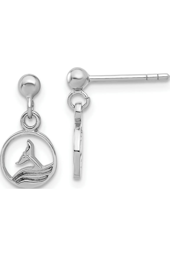 Sterling Silver Rhodium-Plated Whale/Dolphin Tail Post Dangle Drop Earrings (Width 7.6) (Length 15) - Jbsp