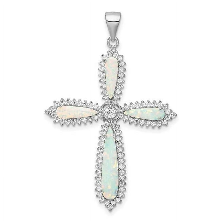 Sterling Silver White Created Opal Beaded Border Cross Pendant Sterling Silver White Created Opal Beaded Border Cross Pendant